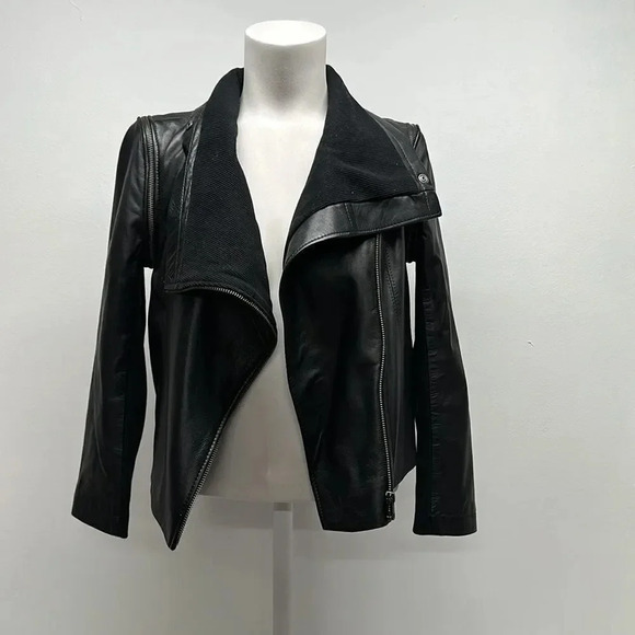 Yigal x Aqua 100% Leather Moto Jacket Coat Convertible Funnel Neck Zip Black XS - Picture 3 of 12
